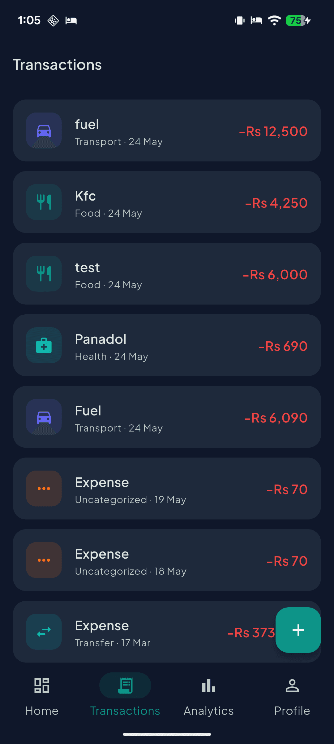 Aveliq transactions list — fuel, food, and health expenses auto-categorized