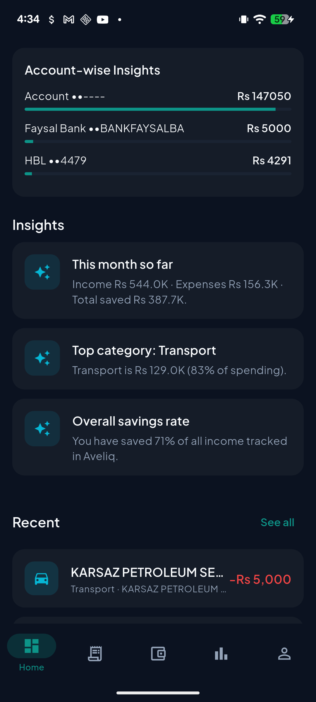 Aveliq insights — account-wise breakdown, monthly summary, and recent transactions