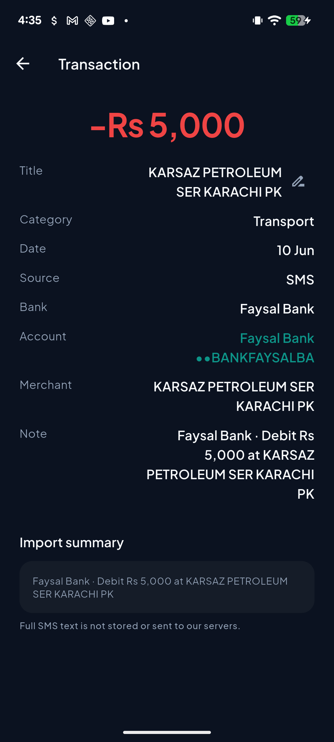 Aveliq transaction detail — SMS-sourced transaction with note that full SMS text is not stored or sent to servers