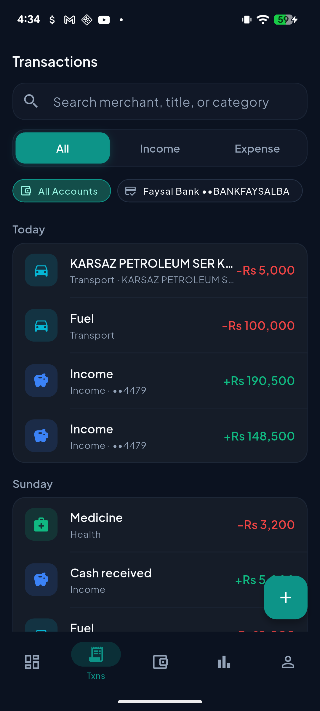 Aveliq transactions — search, filters, and income and expense grouped by date
